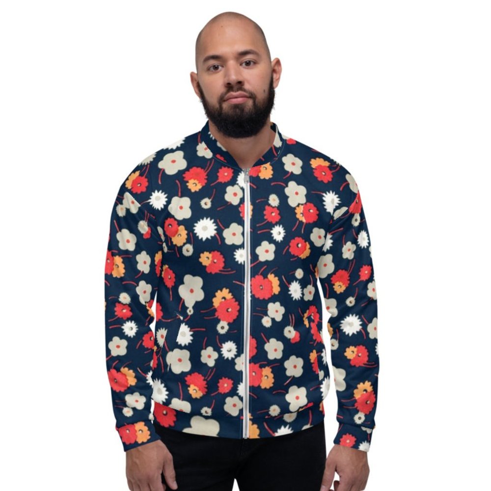 White, gray, pink and red flowers pattern  Unisex Bomber Jacket